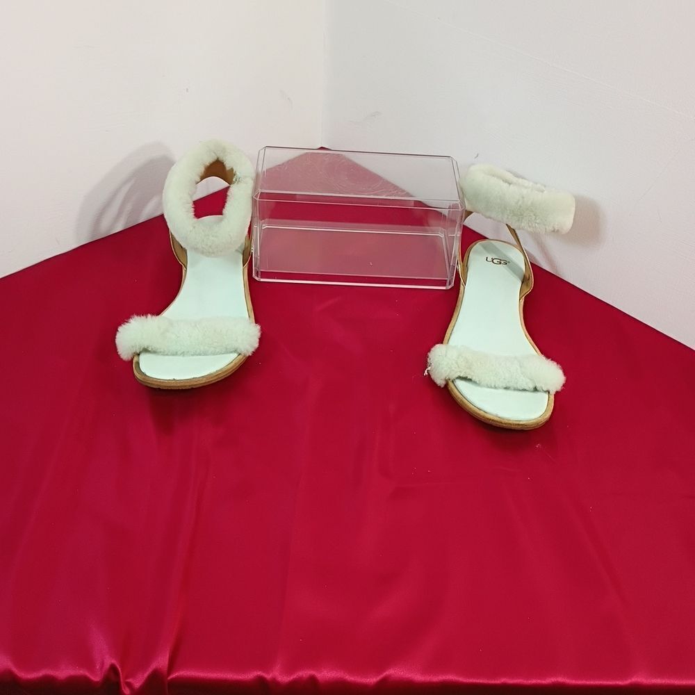 Ugg Fluff Springs Patent Flats Sandal Woman’s Size 10 Blue Lamb Fur 5967.